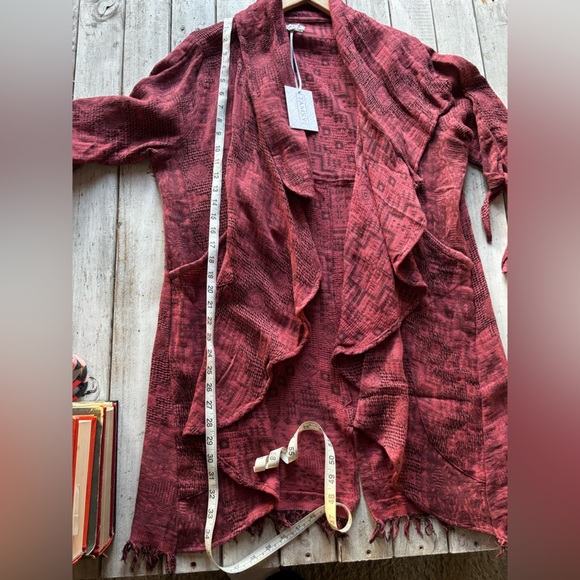 Tamsy | cotton | ruffle | tie detail | 3/4 sleeve | open front | cardigan | OS - Picture 3 of 11